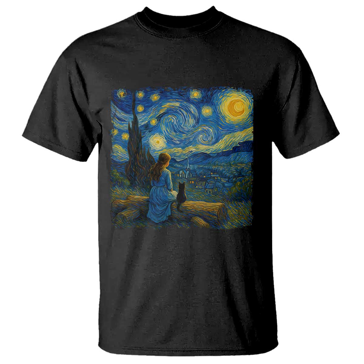 Cute Cat Starry Night T Shirt Kitty Lovers TS14 Black Print Your Wear