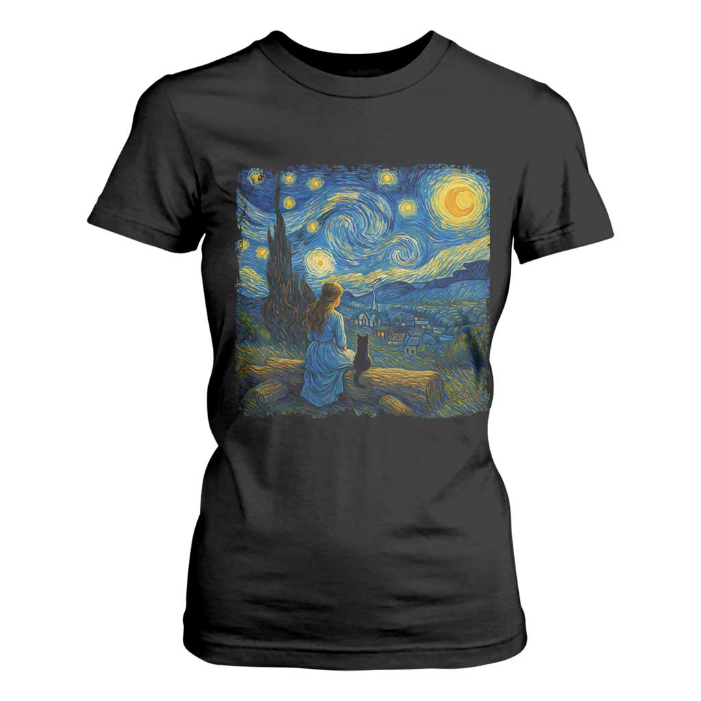 Cute Cat Starry Night T Shirt For Women Kitty Lovers TS14 Black Print Your Wear