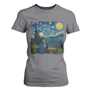 Cute Cat Starry Night T Shirt For Women Kitty Lovers TS14 Charcoal Print Your Wear