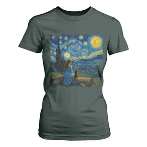Cute Cat Starry Night T Shirt For Women Kitty Lovers TS14 Dark Forest Green Print Your Wear