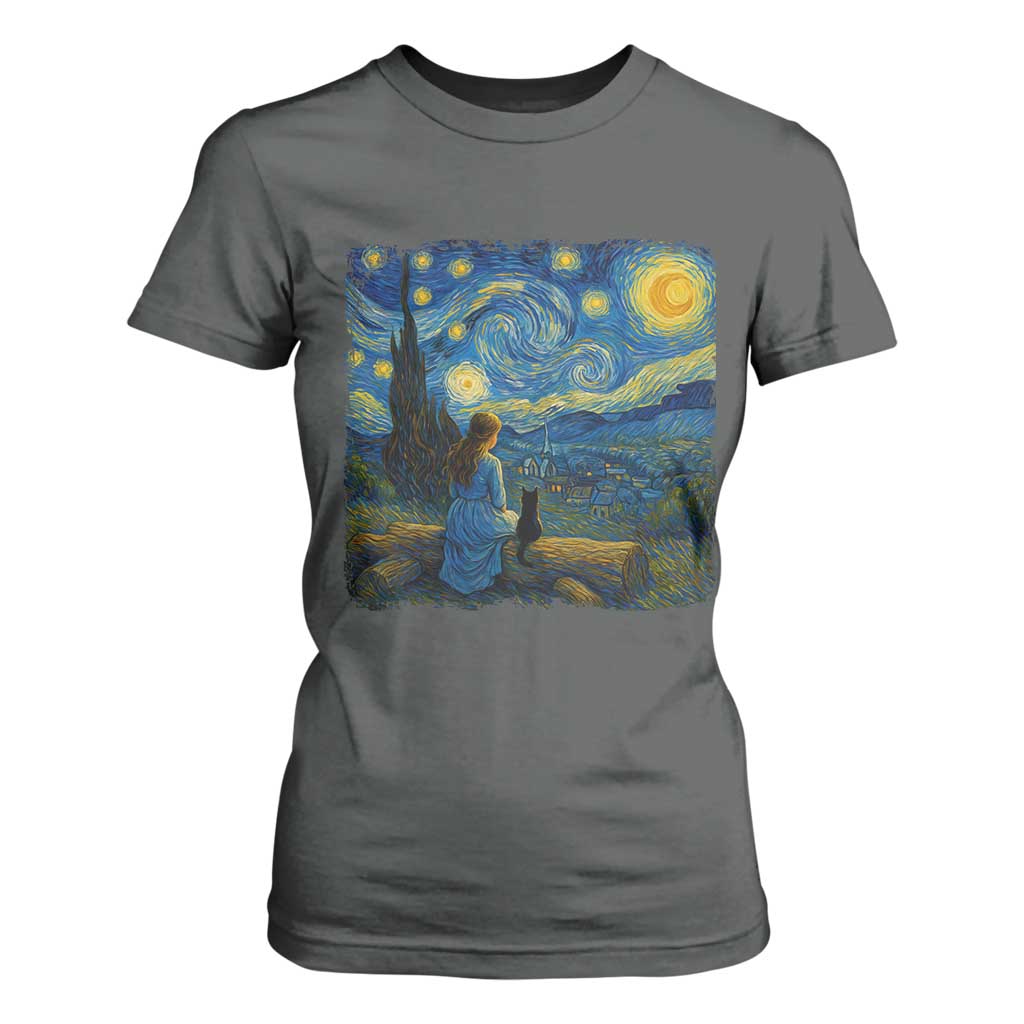 Cute Cat Starry Night T Shirt For Women Kitty Lovers TS14 Dark Heather Print Your Wear
