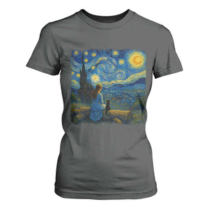 Cute Cat Starry Night T Shirt For Women Kitty Lovers TS14 Dark Heather Print Your Wear