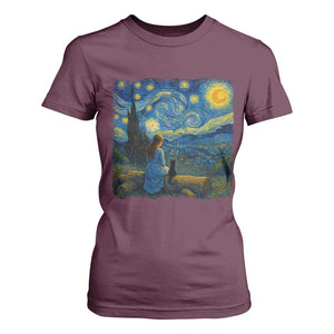 Cute Cat Starry Night T Shirt For Women Kitty Lovers TS14 Maroon Print Your Wear