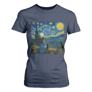 Cute Cat Starry Night T Shirt For Women Kitty Lovers TS14 Navy Print Your Wear