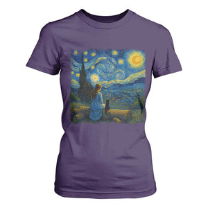 Cute Cat Starry Night T Shirt For Women Kitty Lovers TS14 Purple Print Your Wear