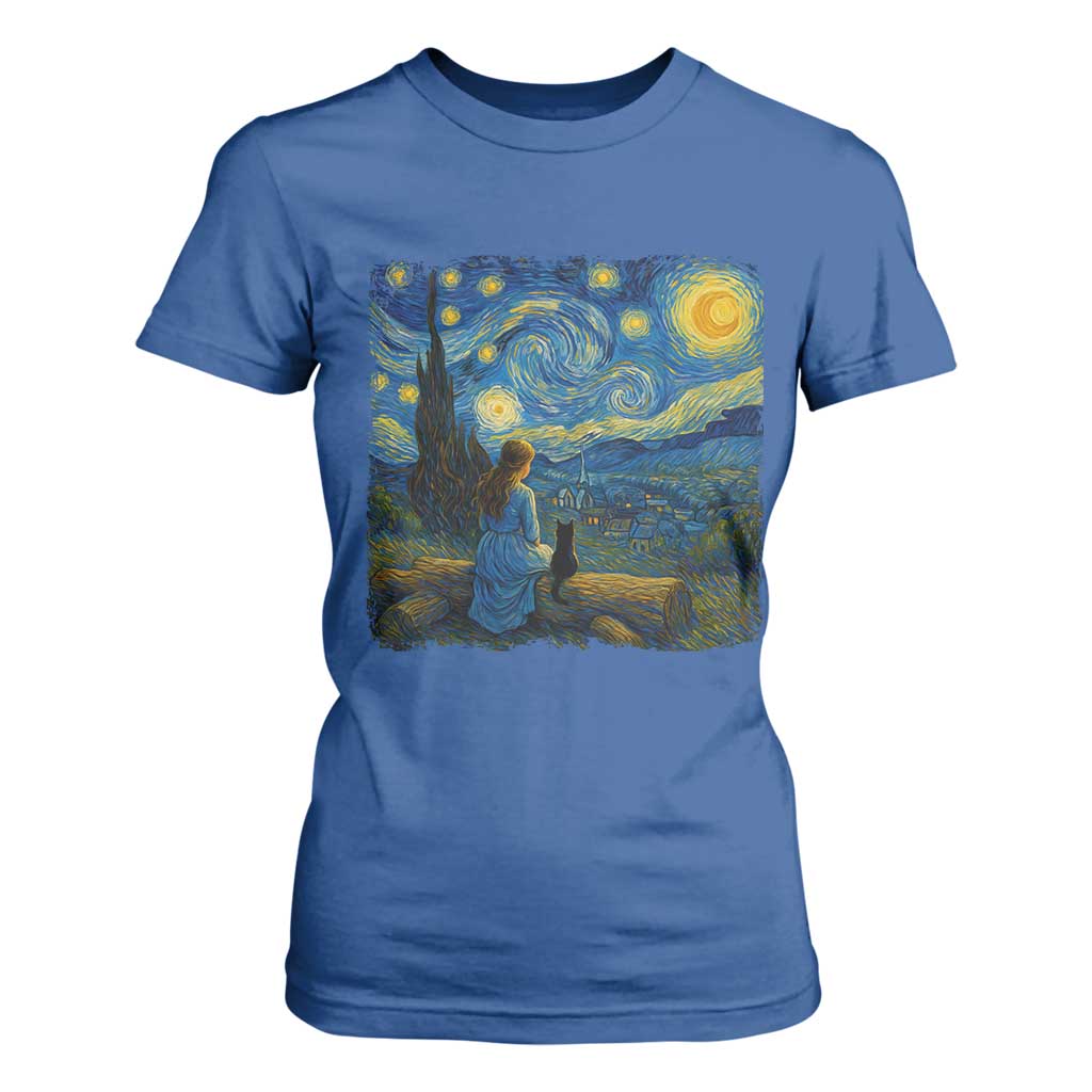 Cute Cat Starry Night T Shirt For Women Kitty Lovers TS14 Royal Blue Print Your Wear