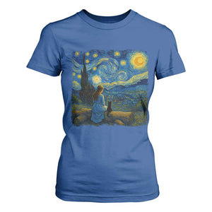 Cute Cat Starry Night T Shirt For Women Kitty Lovers TS14 Royal Blue Print Your Wear