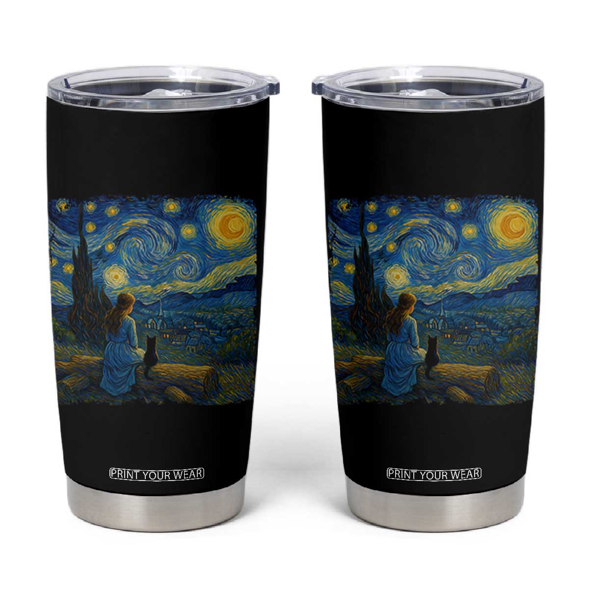 Cute Cat Starry Night Tumbler Cup Kitty Lovers TS14 Black Print Your Wear