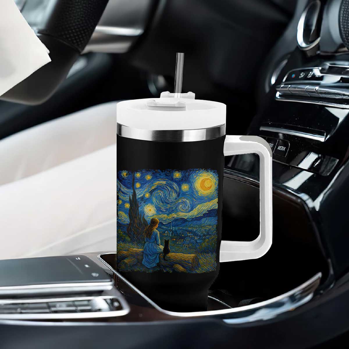 Cute Cat Starry Night Tumbler With Handle Kitty Lovers TS14 Print Your Wear
