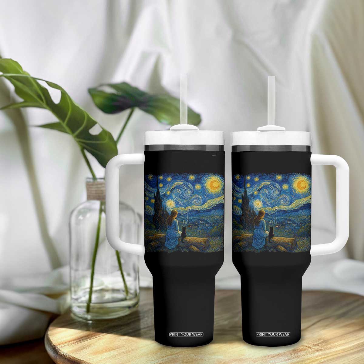 Cute Cat Starry Night Tumbler With Handle Kitty Lovers TS14 Print Your Wear
