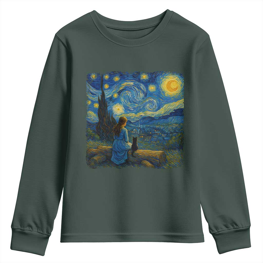 Cute Cat Starry Night Youth Sweatshirt Kitty Lovers TS14 Dark Forest Green Print Your Wear