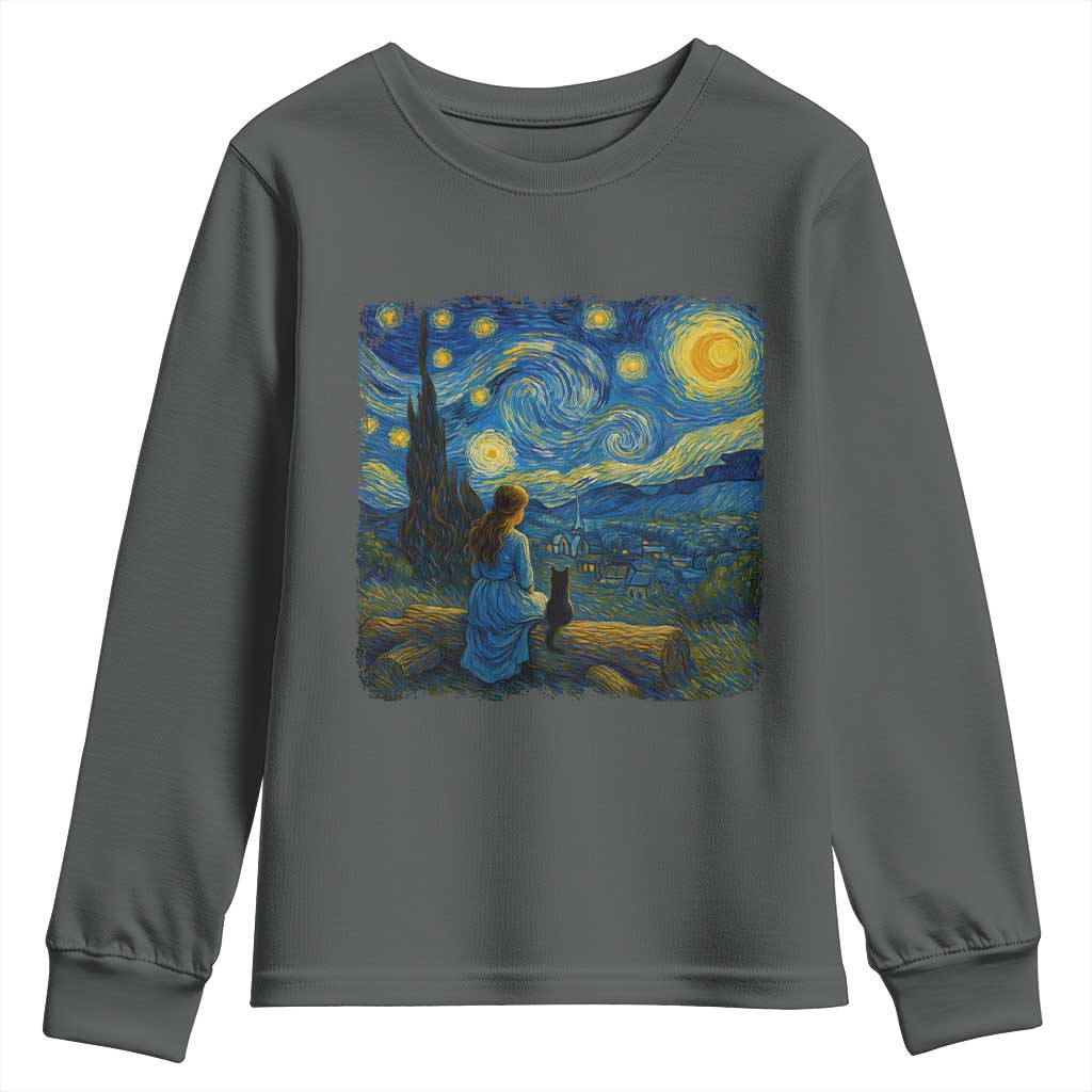 Cute Cat Starry Night Youth Sweatshirt Kitty Lovers TS14 Dark Heather Print Your Wear