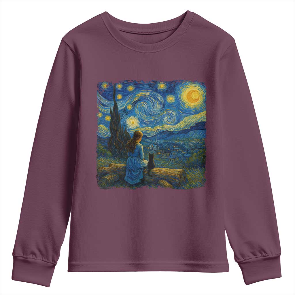 Cute Cat Starry Night Youth Sweatshirt Kitty Lovers TS14 Maroon Print Your Wear