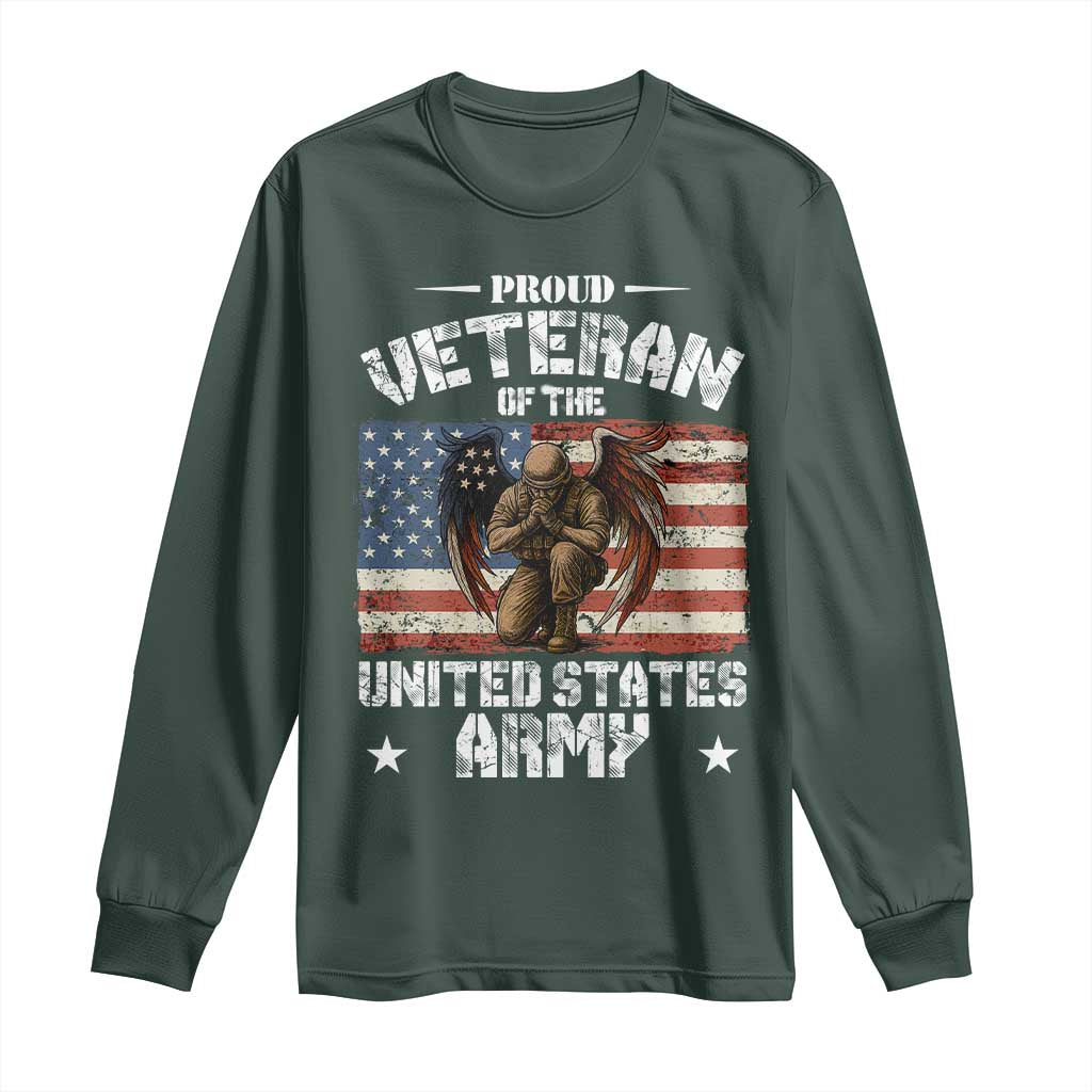 US Army Veteran Tribute Long Sleeve Shirt American Flag Angel Soldier Memorial TS14 Dark Forest Green Print Your Wear