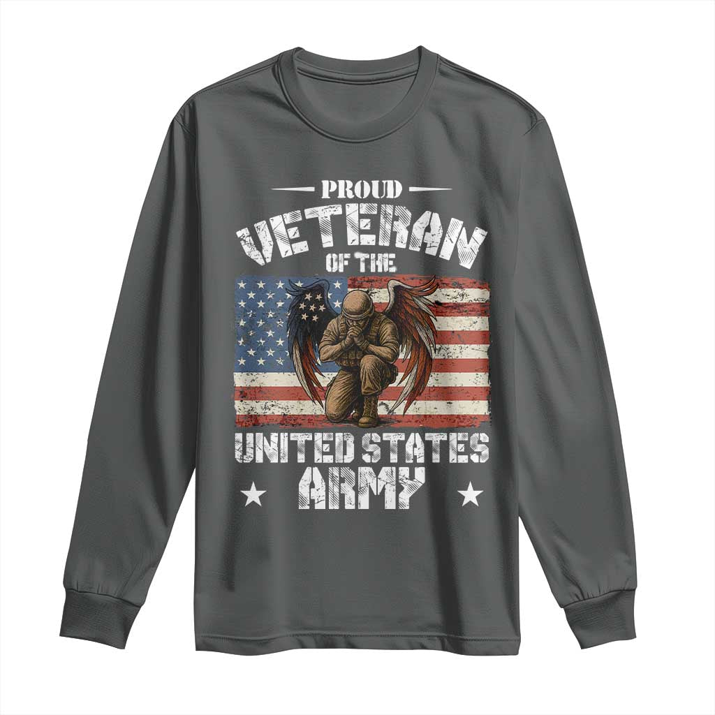 US Army Veteran Tribute Long Sleeve Shirt American Flag Angel Soldier Memorial TS14 Dark Heather Print Your Wear