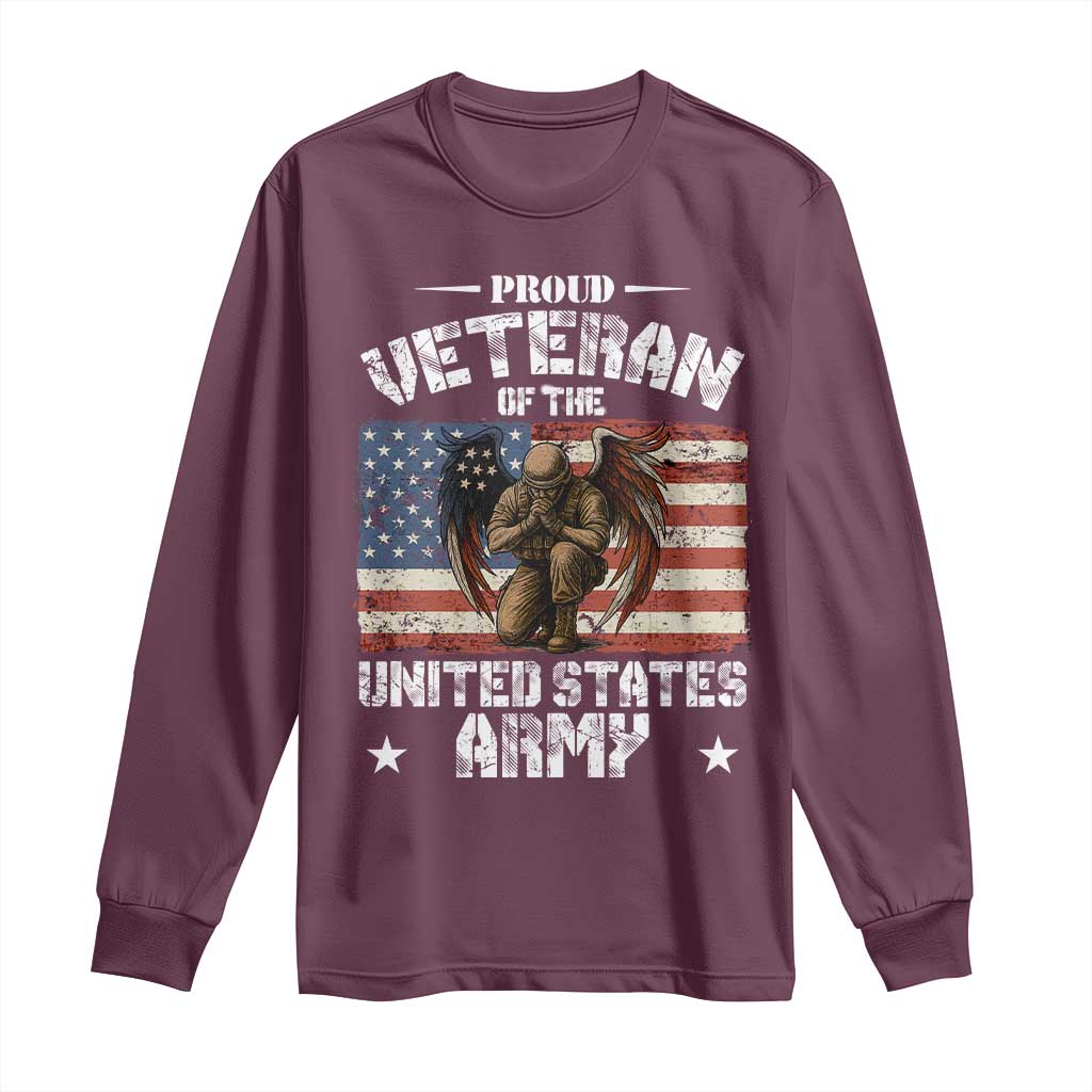 US Army Veteran Tribute Long Sleeve Shirt American Flag Angel Soldier Memorial TS14 Maroon Print Your Wear