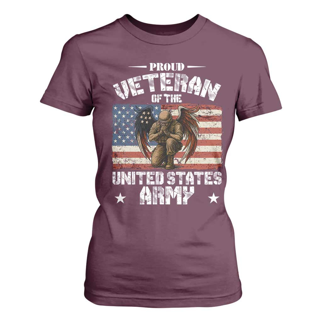 US Army Veteran Tribute T Shirt For Women American Flag Angel Soldier Memorial TS14 Maroon Print Your Wear