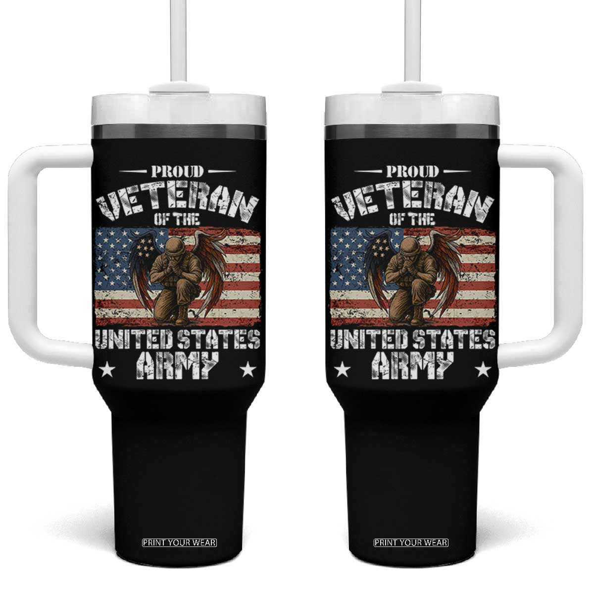 US Army Veteran Tribute Tumbler With Handle American Flag Angel Soldier Memorial TS14 One Size: 40 oz Black Print Your Wear