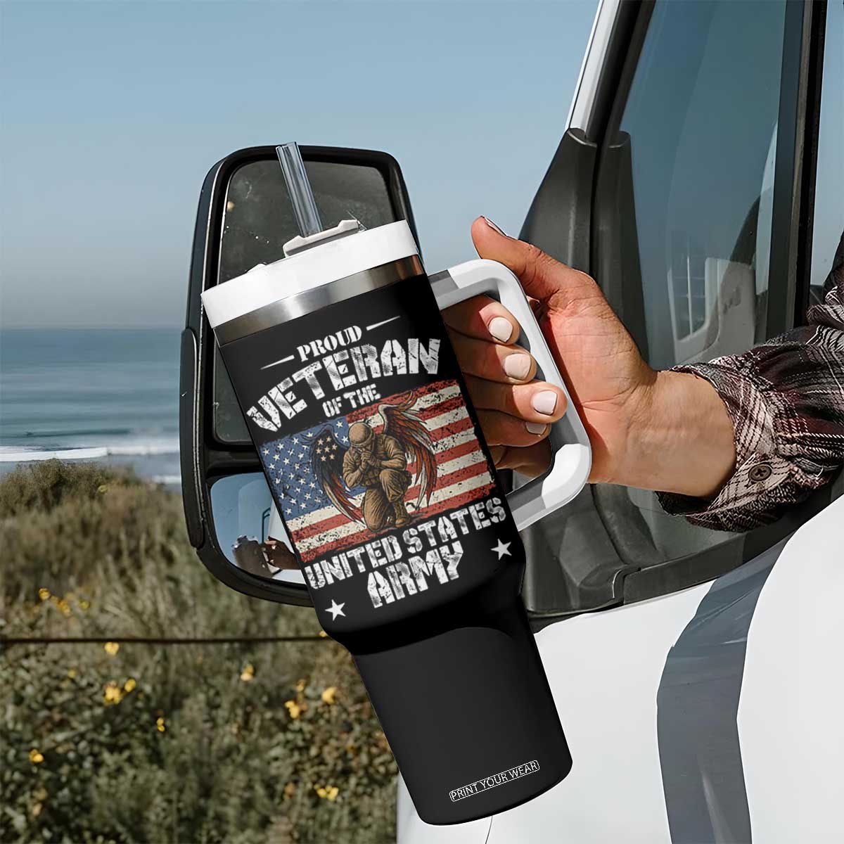 US Army Veteran Tribute Tumbler With Handle American Flag Angel Soldier Memorial TS14 Print Your Wear
