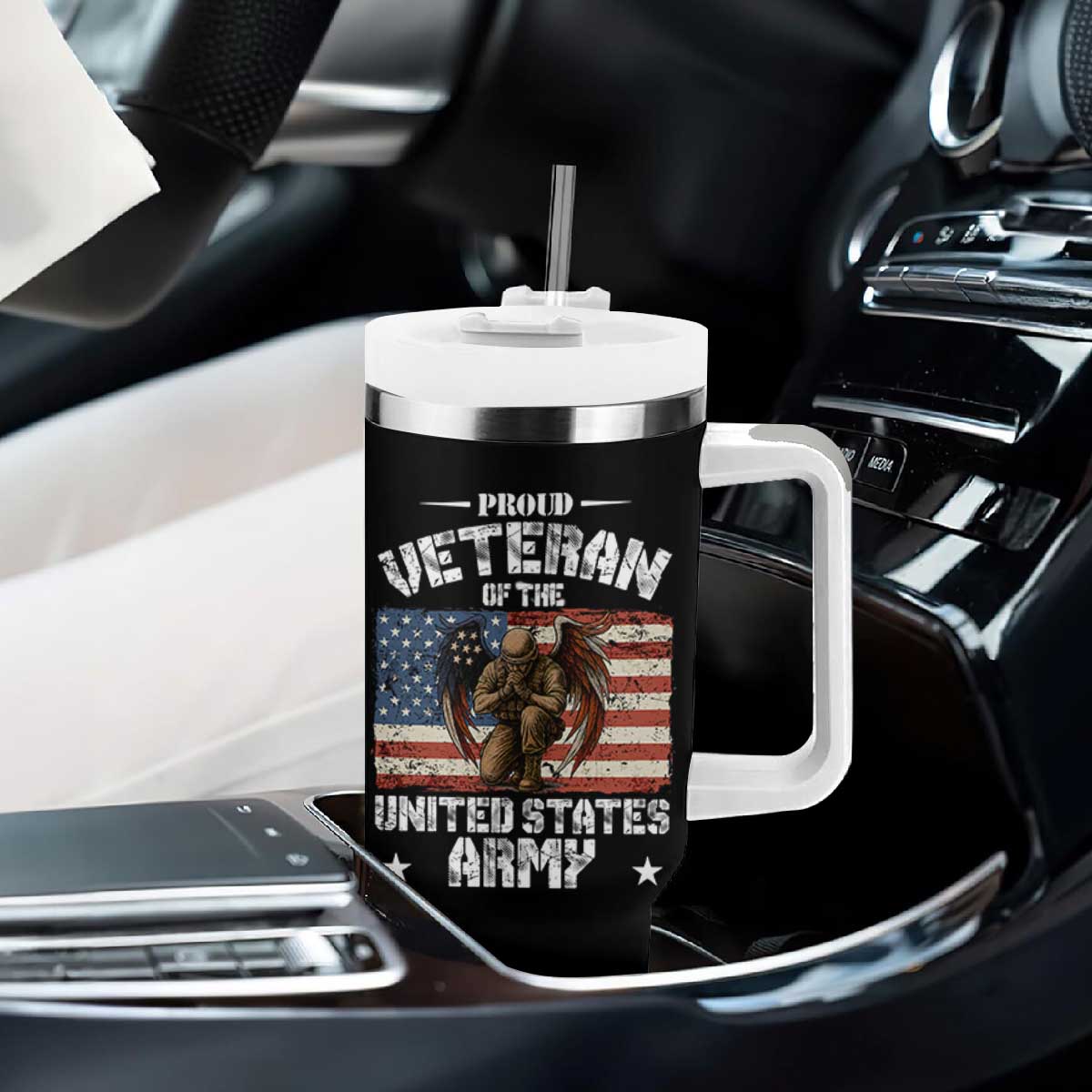 US Army Veteran Tribute Tumbler With Handle American Flag Angel Soldier Memorial TS14 Print Your Wear