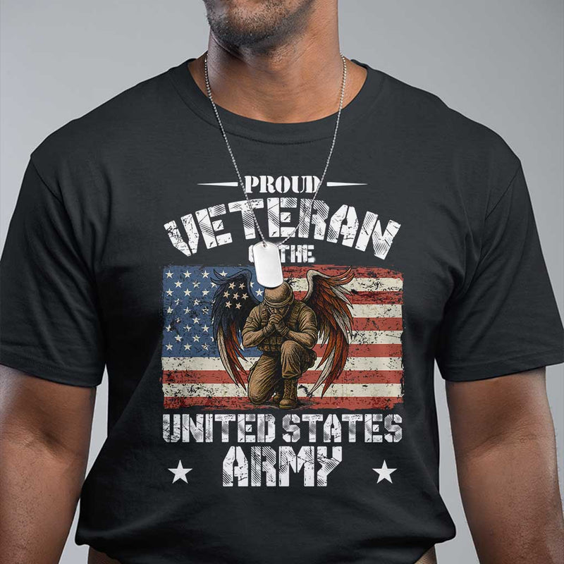 US Army Veteran Tribute T Shirt - American Flag Angel Soldier Memorial Patriotic Tee