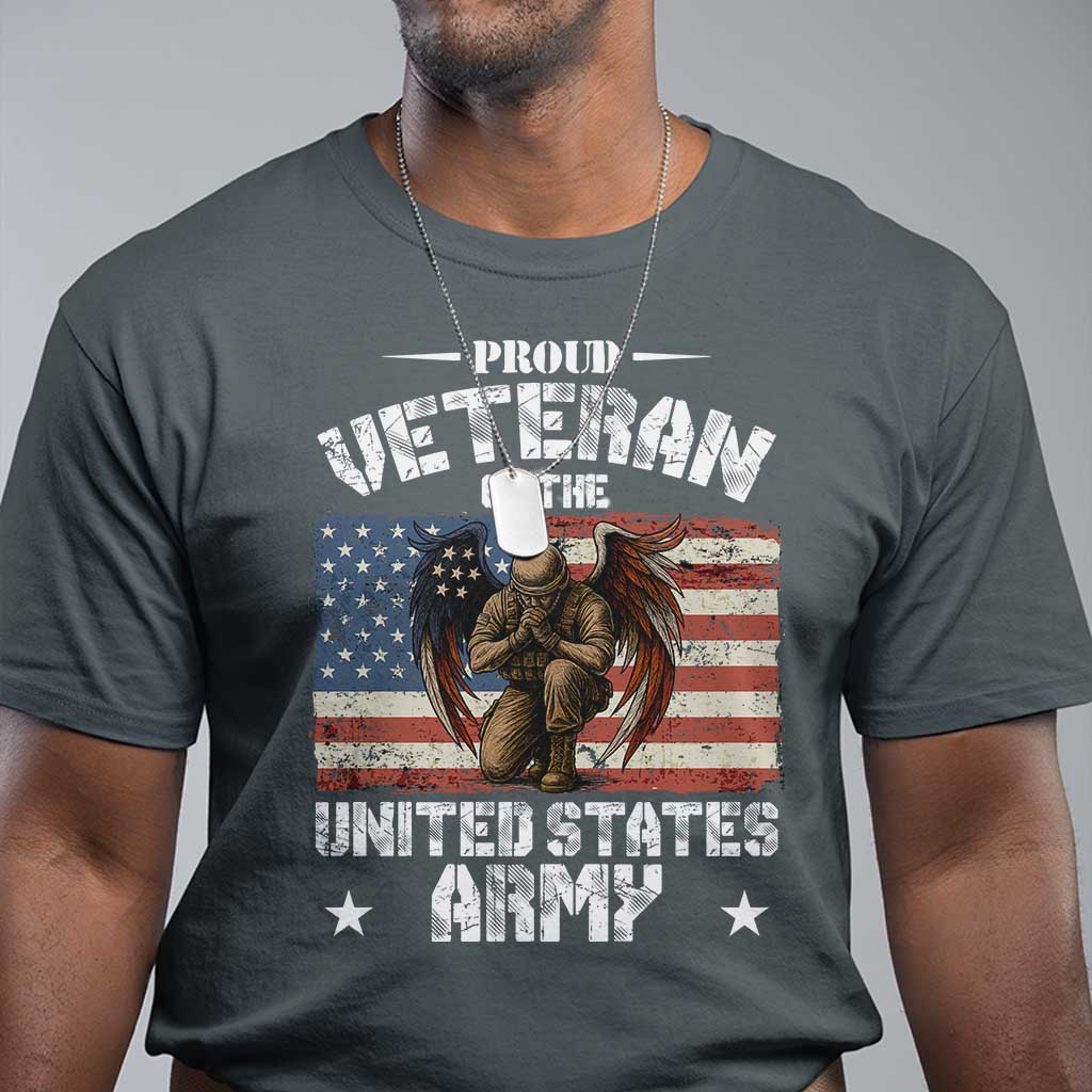US Army Veteran Tribute T Shirt - American Flag Angel Soldier Memorial Patriotic Tee TS14 Dark Heather Print Your Wear