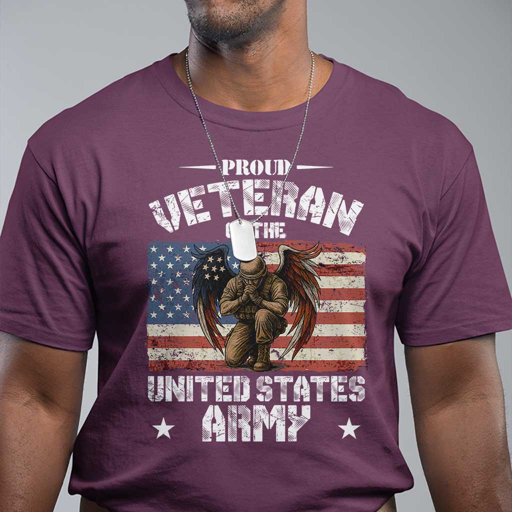 US Army Veteran Tribute T Shirt - American Flag Angel Soldier Memorial Patriotic Tee TS14 Maroon Print Your Wear