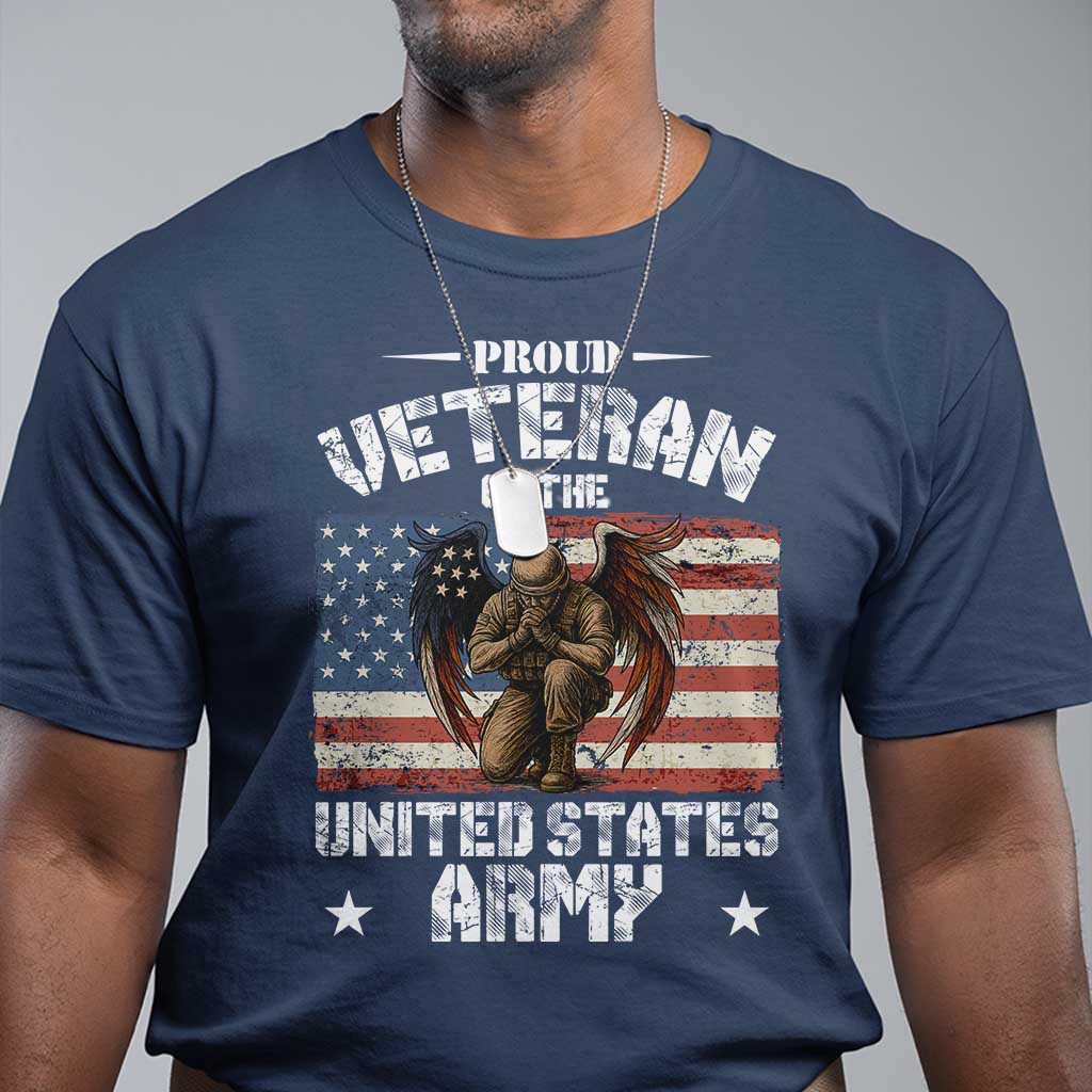 US Army Veteran Tribute T Shirt - American Flag Angel Soldier Memorial Patriotic Tee TS14 Navy Print Your Wear