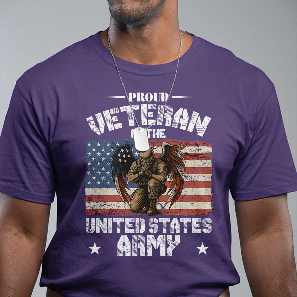 US Army Veteran Tribute T Shirt - American Flag Angel Soldier Memorial Patriotic Tee TS14 Purple Print Your Wear