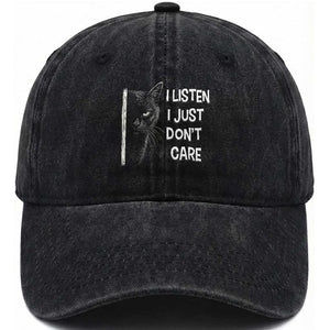 Funny Introvert Cat Washed Cotton Baseball Cap I Listen I Just Don't Care Sarcastic Kitty Lover TS14 Washed Cap Universal Fit Black Print Your Wear