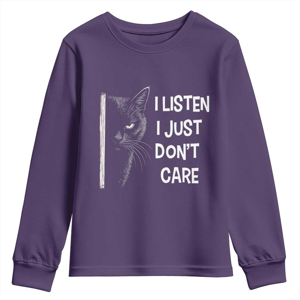 Funny Introvert Cat Youth Sweatshirt I Listen I Just Don't Care Sarcastic Kitty Lover TS14 Purple Print Your Wear
