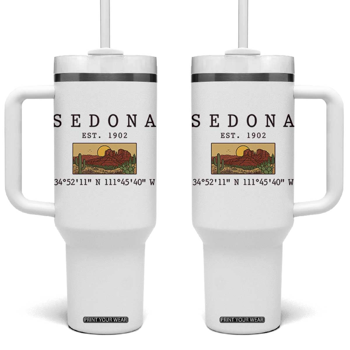 Vintage Sedona Arizona Established 1902 Tumbler With Handle Southwest Desert Cactus Scenic Nature Souvenir TS14 One Size: 40 oz White Print Your Wear