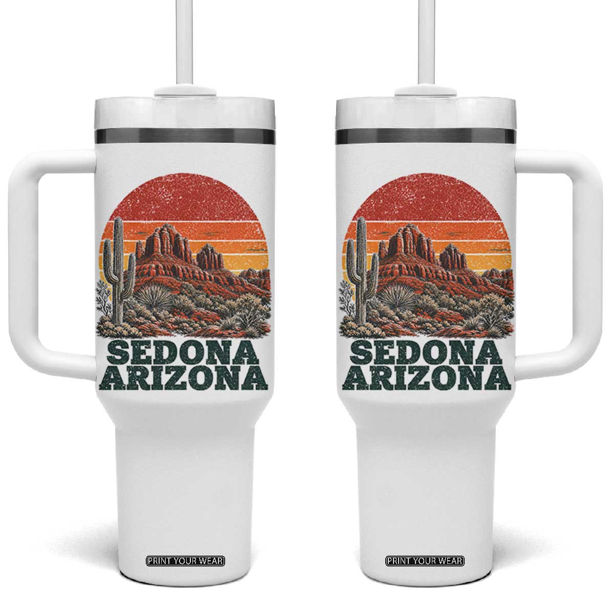Retro Sedona Arizona Mountain Tumbler With Handle Southwest Hiking Outdoor Nature Souvenir TS14 One Size: 40 oz White Print Your Wear