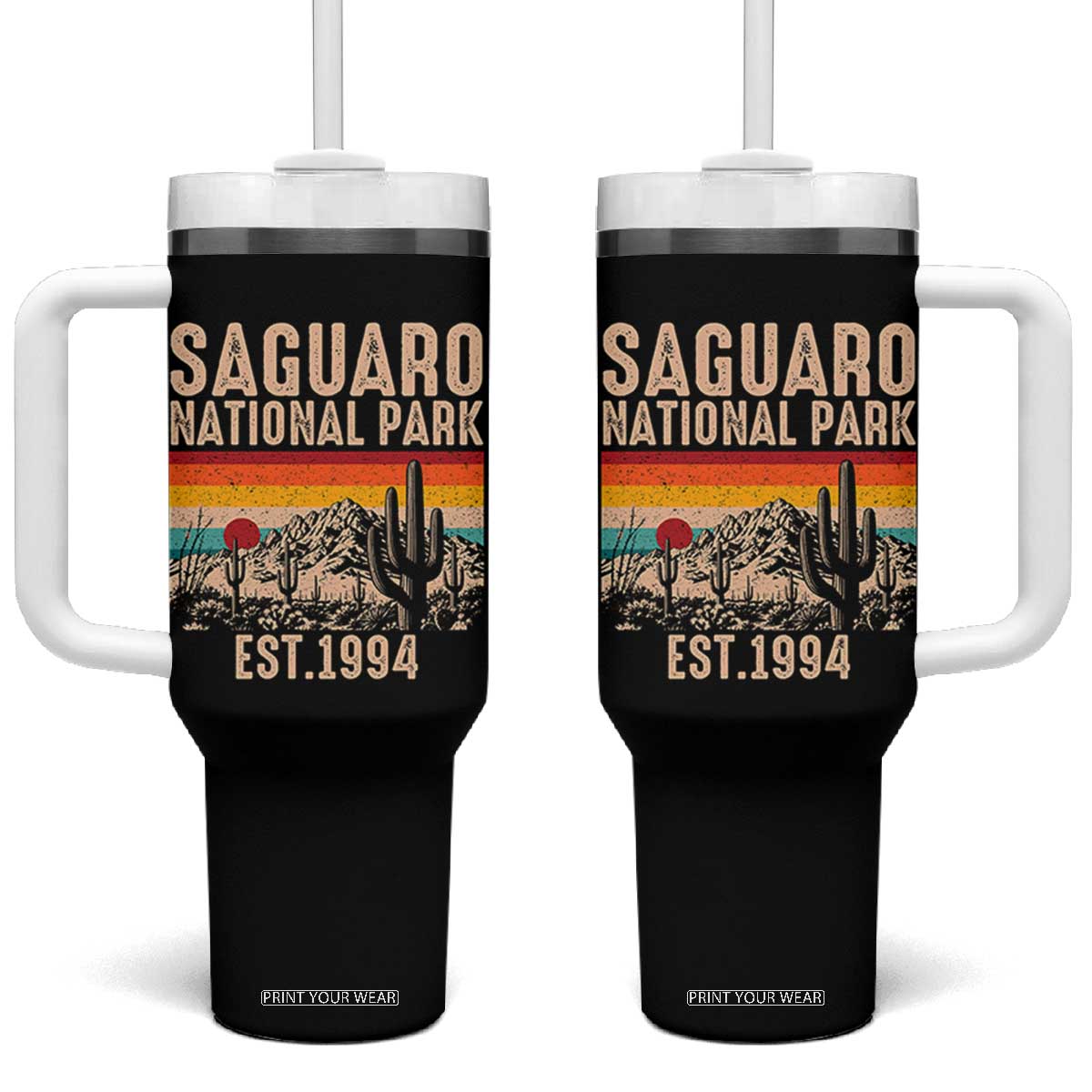 Retro Saguaro National Park Arizona EST 1994 Tumbler With Handle Desert Cactus Sunset Hiking Camping Nature Souvenir TS14 One Size: 40 oz Black Print Your Wear