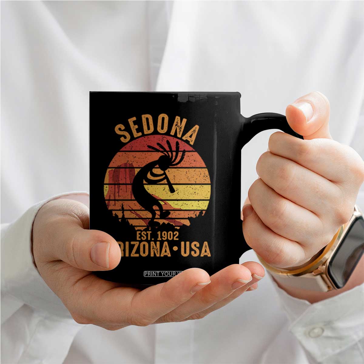 Retro Sedona Arizona Dancing Kokopelli Coffee Mug Southwest Native Symbol Desert Heritage Established 1902