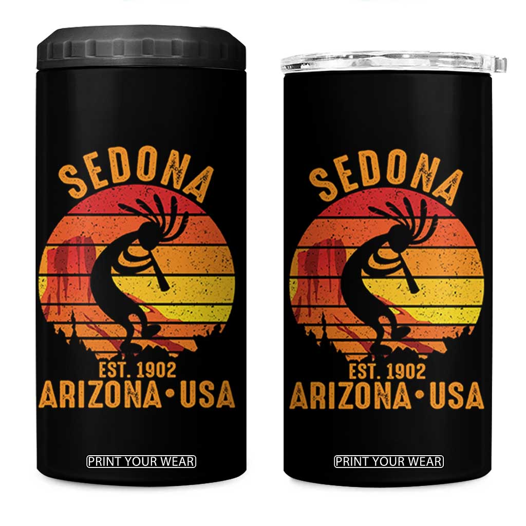 Retro Sedona Arizona Dancing Kokopelli 4 in 1 Can Cooler Tumbler Southwest Native Symbol Desert Heritage Established 1902