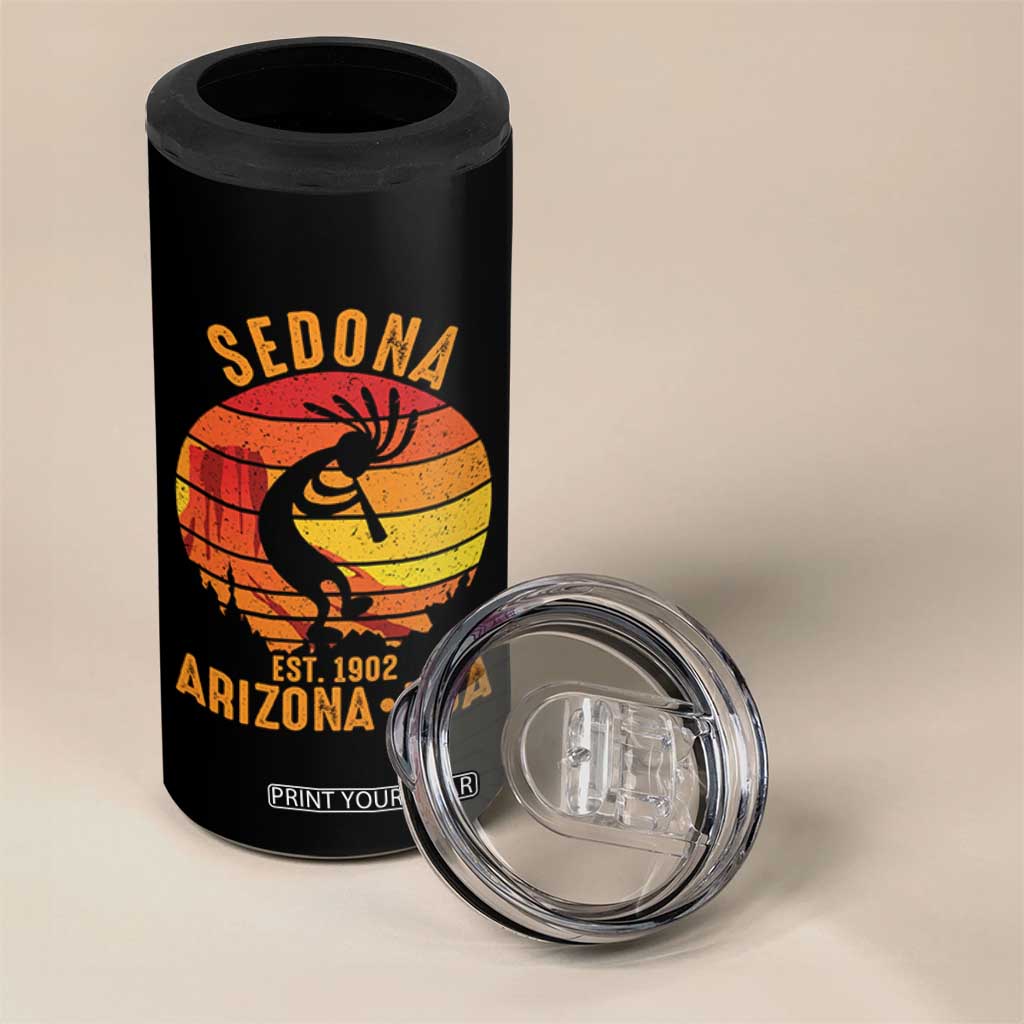 Retro Sedona Arizona Dancing Kokopelli 4 in 1 Can Cooler Tumbler Southwest Native Symbol Desert Heritage Established 1902
