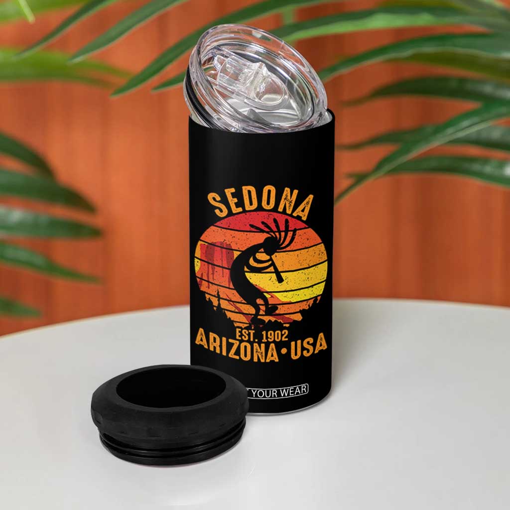 Retro Sedona Arizona Dancing Kokopelli 4 in 1 Can Cooler Tumbler Southwest Native Symbol Desert Heritage Established 1902