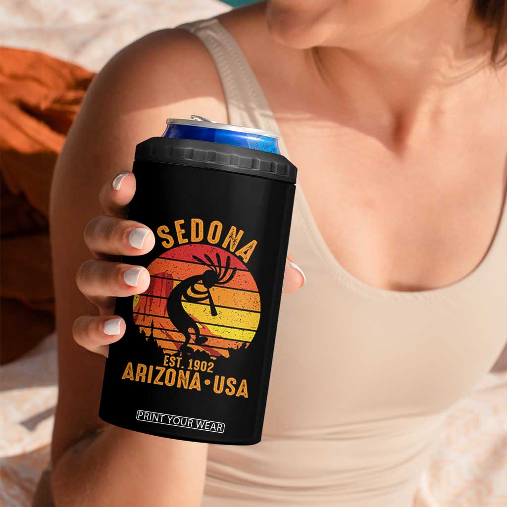Retro Sedona Arizona Dancing Kokopelli 4 in 1 Can Cooler Tumbler Southwest Native Symbol Desert Heritage Established 1902