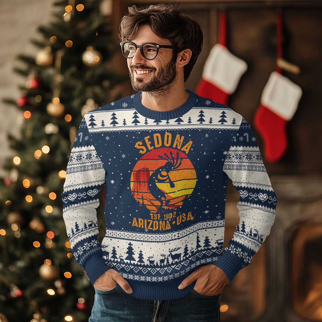 Retro Sedona Arizona Dancing Kokopelli Ugly Christmas Sweater Southwest Native Symbol Desert Heritage Established 1902