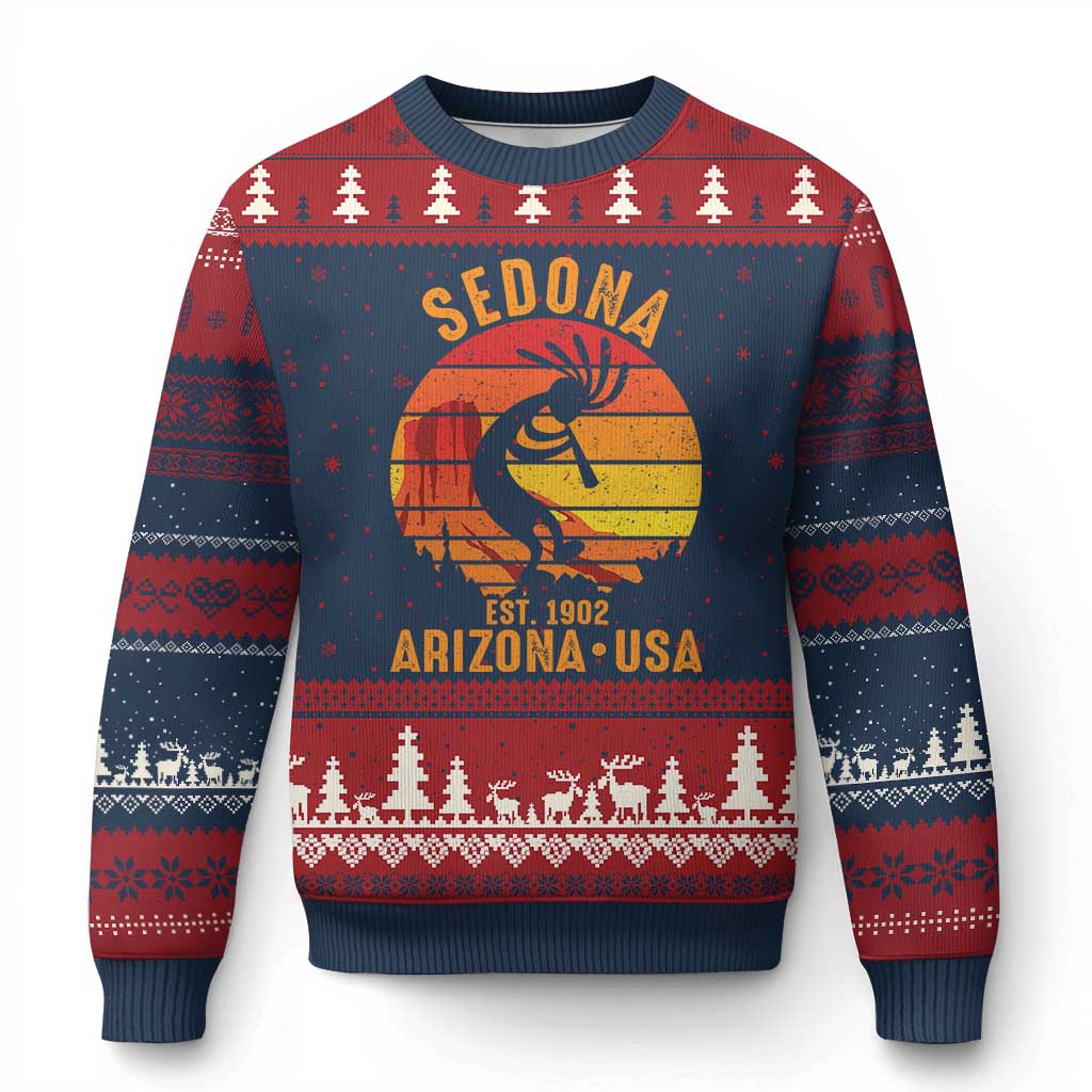Retro Sedona Arizona Dancing Kokopelli Ugly Christmas Sweater Southwest Native Symbol Desert Heritage Established 1902