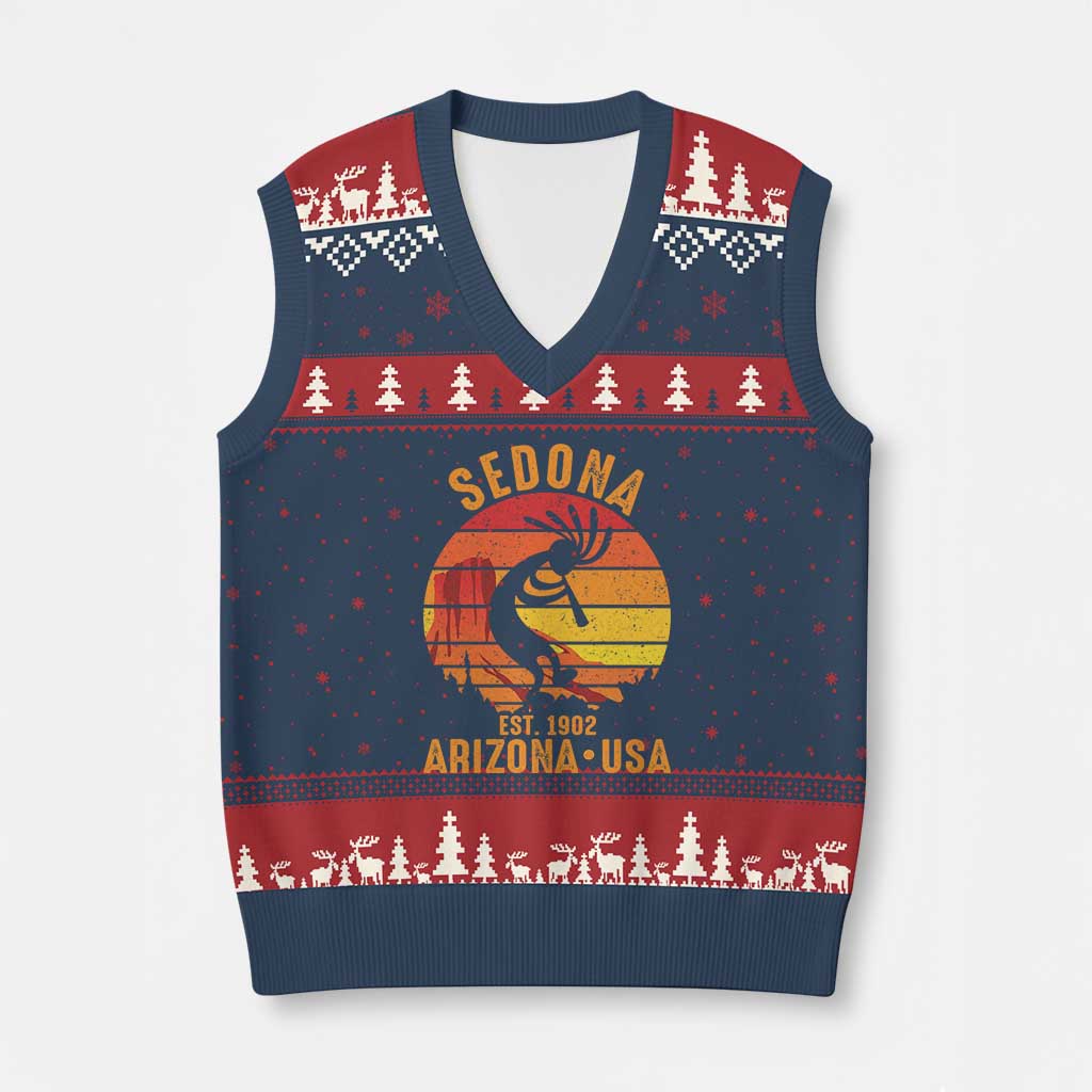 Retro Sedona Arizona Dancing Kokopelli V-Neck Knit Sweater Vest Southwest Native Symbol Desert Heritage Established 1902 TS14 Navy Red Print Your Wear