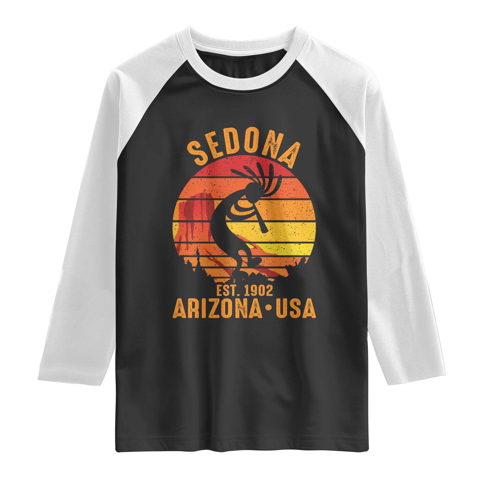 Retro Sedona Arizona Dancing Kokopelli Raglan Shirt Southwest Native Symbol Desert Heritage Established 1902 TS14 Black White Print Your Wear