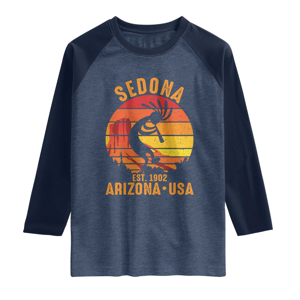 Retro Sedona Arizona Dancing Kokopelli Raglan Shirt Southwest Native Symbol Desert Heritage Established 1902