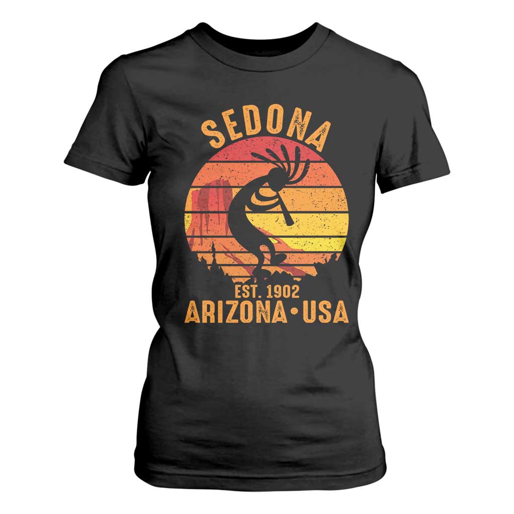 Retro Sedona Arizona Dancing Kokopelli T Shirt For Women Southwest Native Symbol Desert Heritage Established 1902