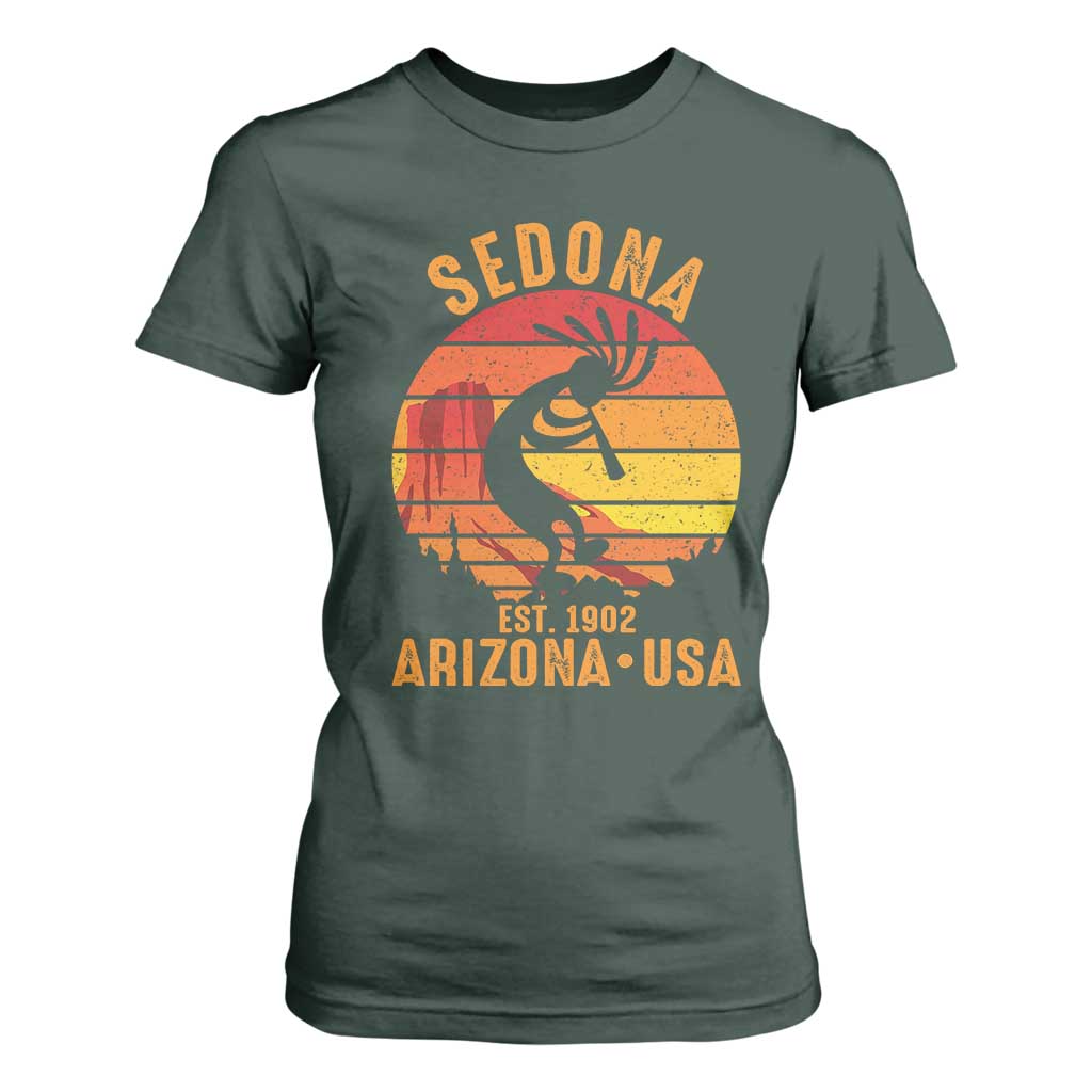Retro Sedona Arizona Dancing Kokopelli T Shirt For Women Southwest Native Symbol Desert Heritage Established 1902