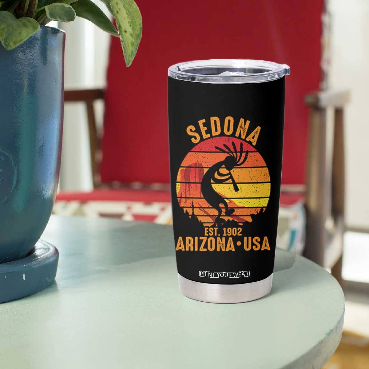 Retro Sedona Arizona Dancing Kokopelli Tumbler Cup Southwest Native Symbol Desert Heritage Established 1902