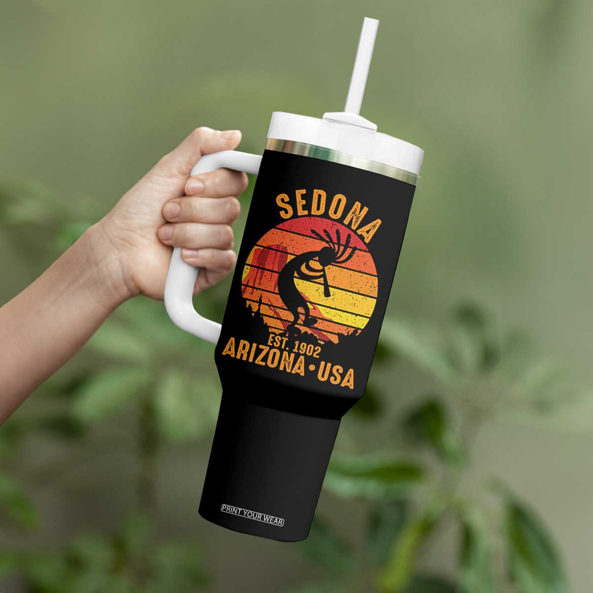 Retro Sedona Arizona Dancing Kokopelli Tumbler With Handle Southwest Native Symbol Desert Heritage Established 1902