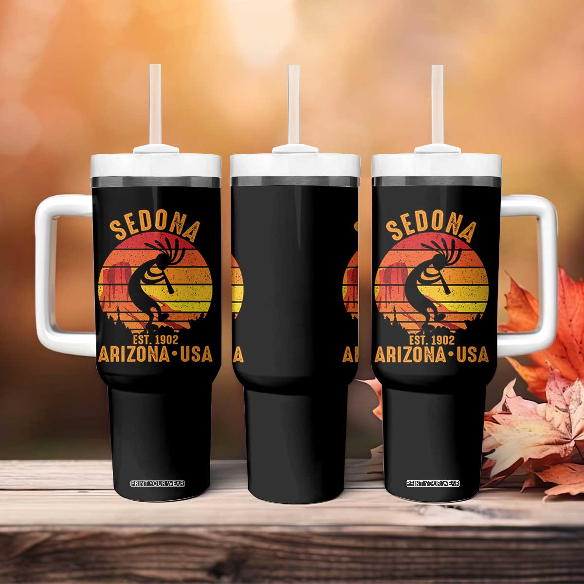 Retro Sedona Arizona Dancing Kokopelli Tumbler With Handle Southwest Native Symbol Desert Heritage Established 1902