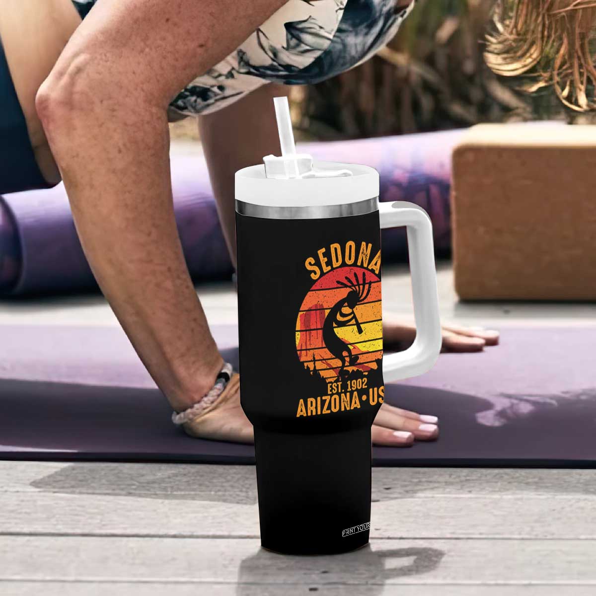 Retro Sedona Arizona Dancing Kokopelli Tumbler With Handle Southwest Native Symbol Desert Heritage Established 1902